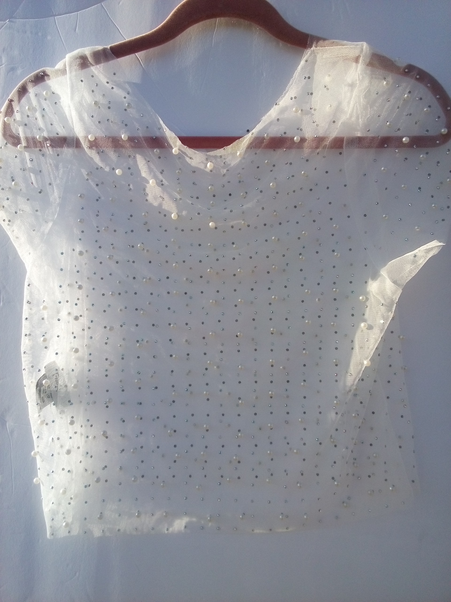 Sheer Over Shirt With Rhinestone and Pearl