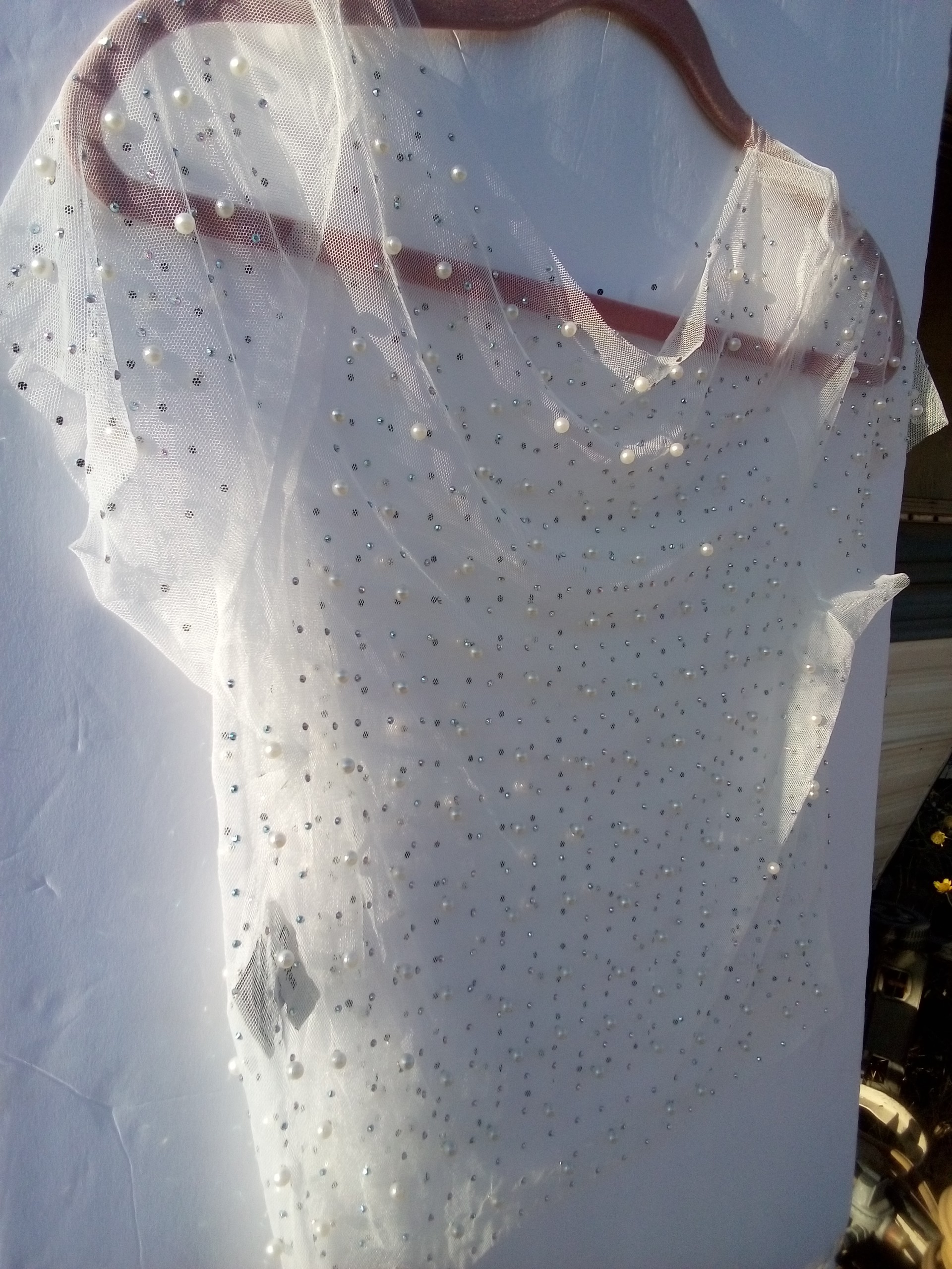 Sheer Over Shirt With Rhinestone and Pearl